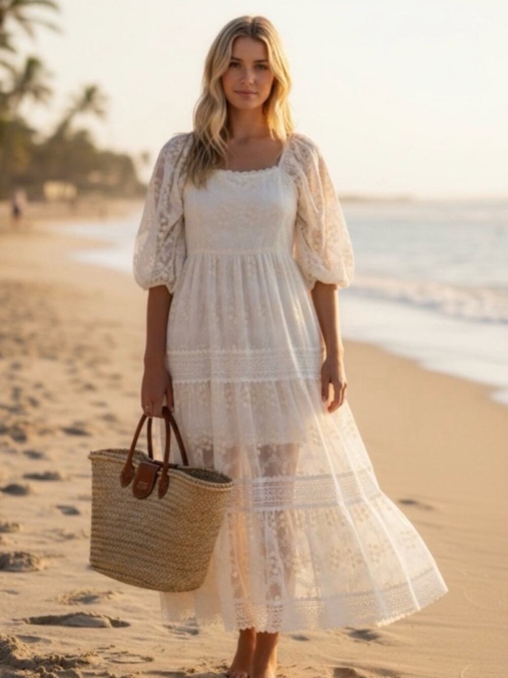 A COLLECTIVE STORY gauzy floral lace overlay boho tiered maxi dress bridal XL
